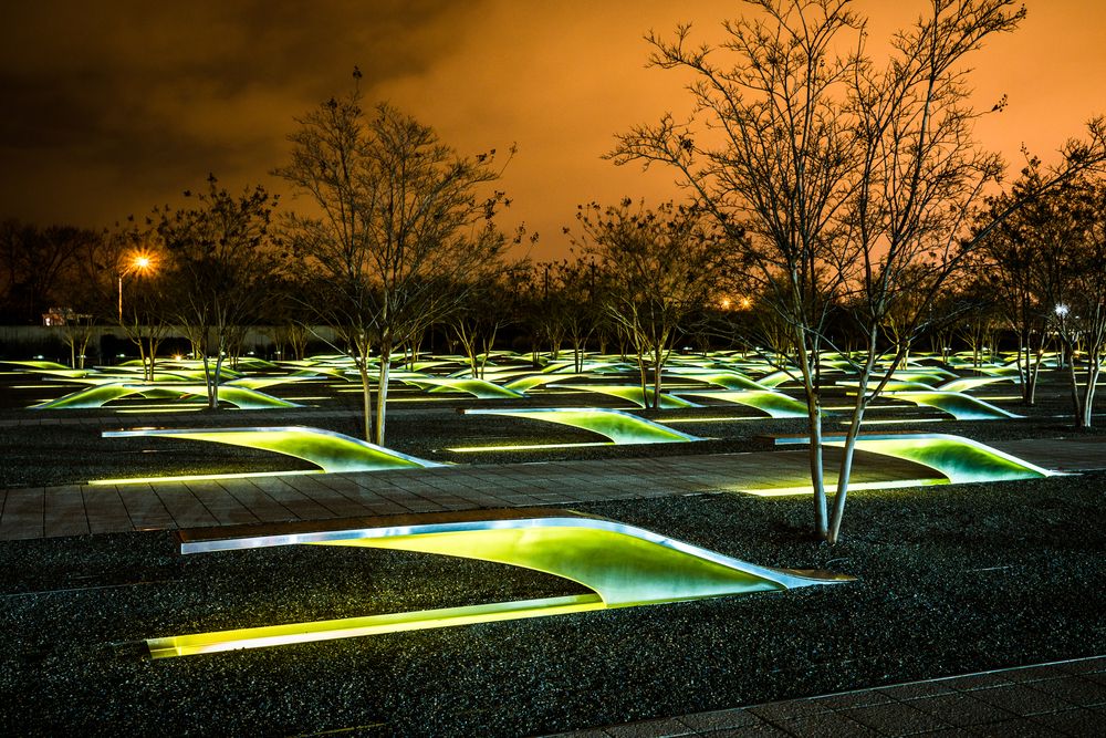 View of the National 9/11 Pentagon Memorial at night
