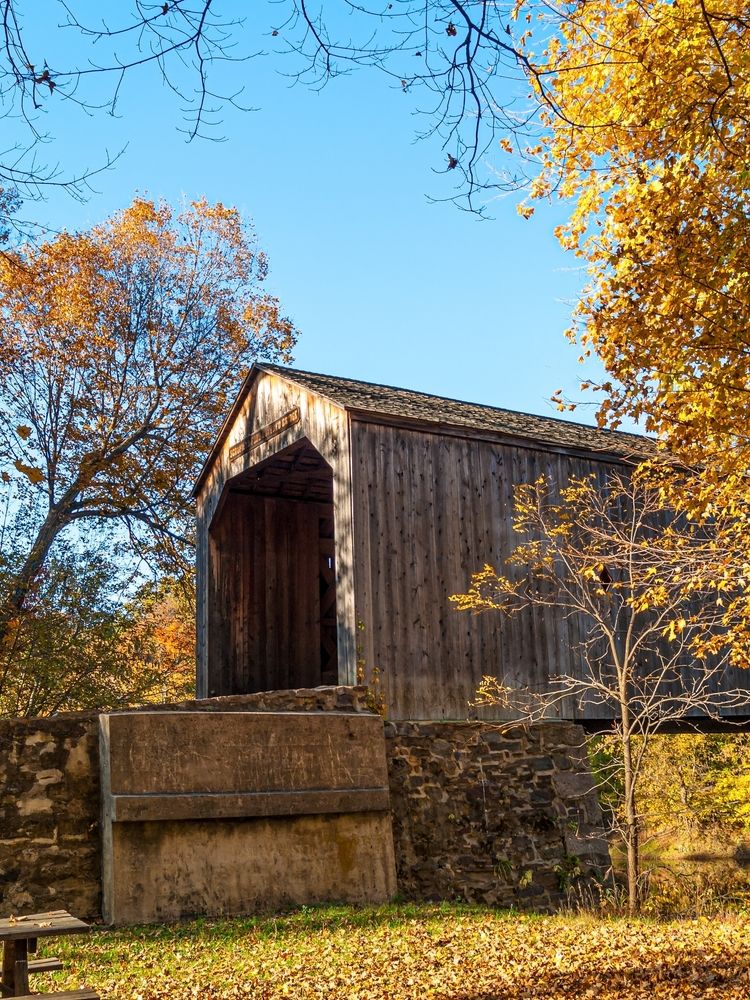 Exterior of the historic Schofield Ford covered bridge