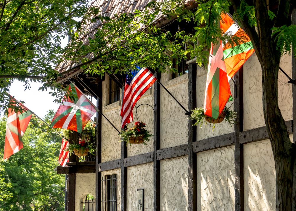 Flags on a building at Basque Block