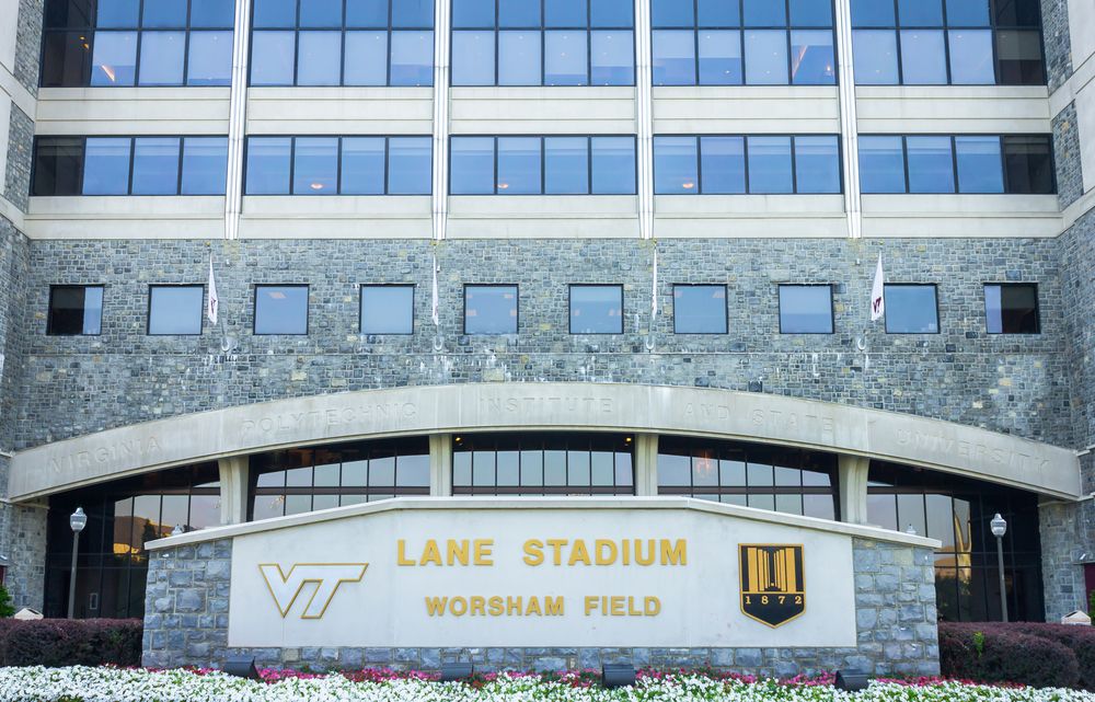 Front exterior and name sign of Lane Stadium