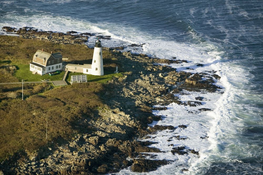 Scenic aerial view of Wood Island Lighthouse