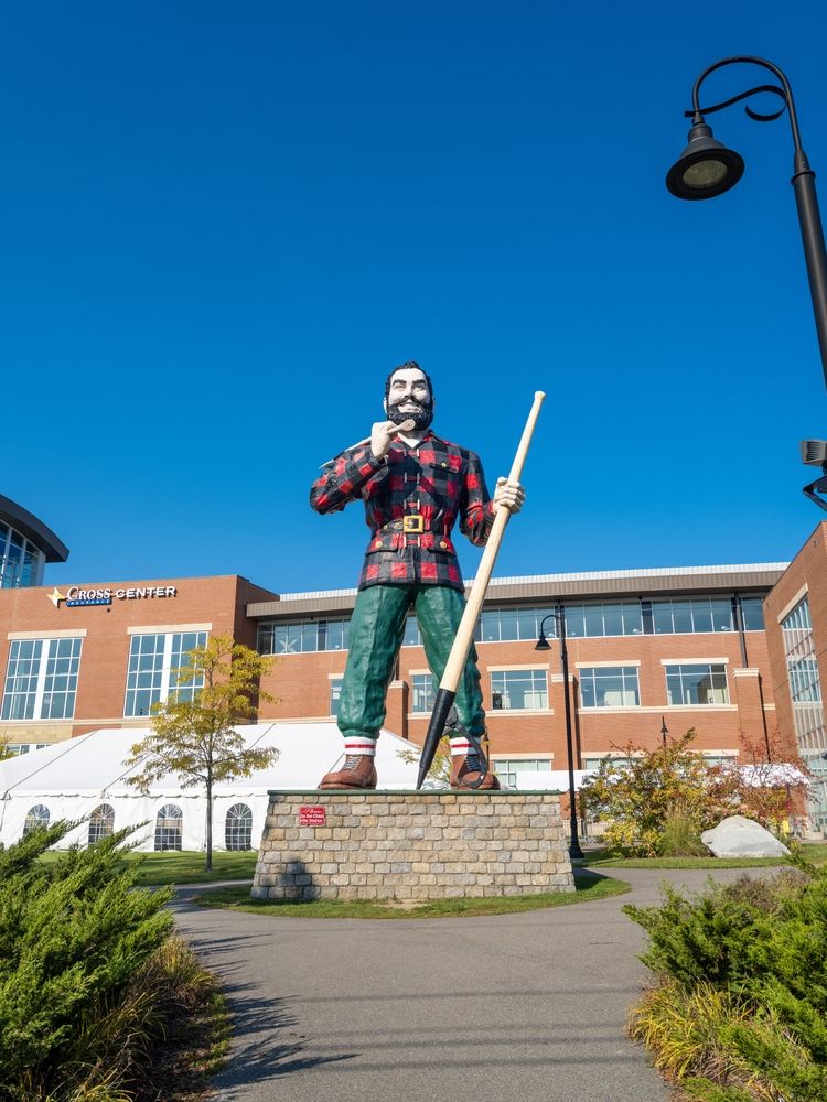 Lumberjack statue in front of the Cross Insurance Center