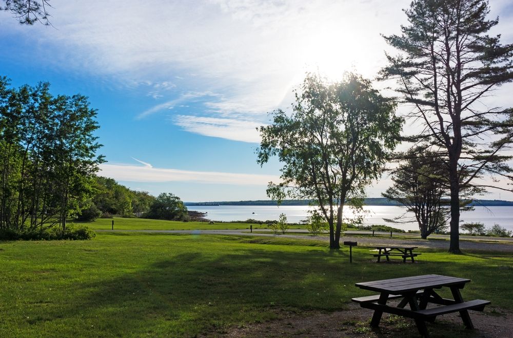 Picnic tables on the grounds of Moose Point State Park