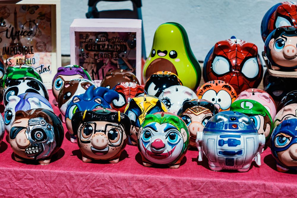 Unique piggy bank shop at Usaquén street market