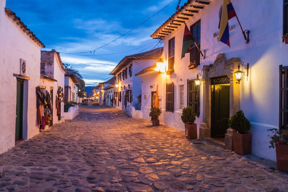 Evening view of a cobbled street at Villa de Leyva
