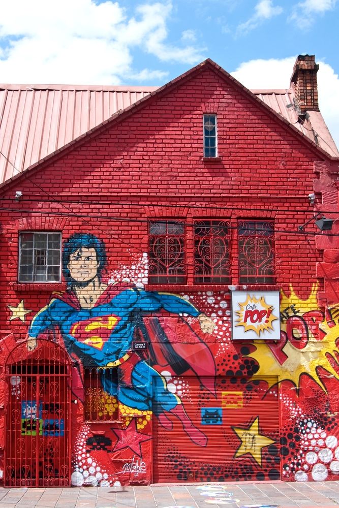 Superman wall art on a cafe