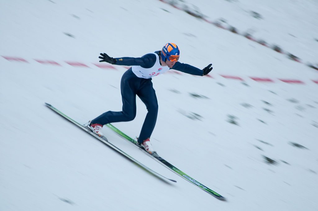 A participant at Harris Hill Ski Jump Competition