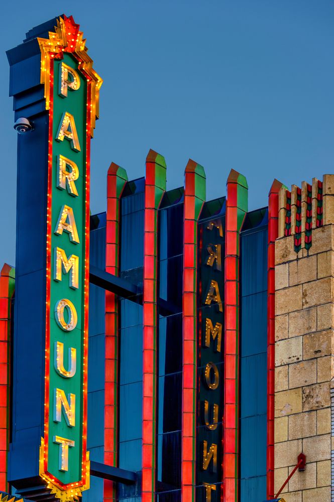 Colorful name sign of Paramount Bristol Theater