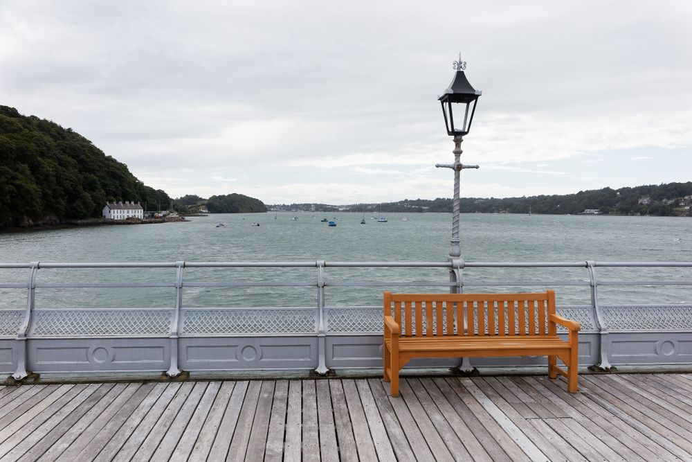 A wooden bench on Bangor Garth Pier