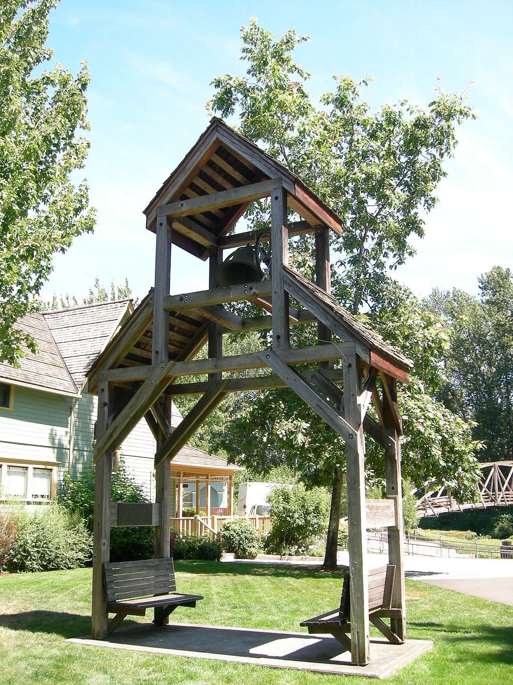 An old bell tower on the grounds of Bothell Landing Park