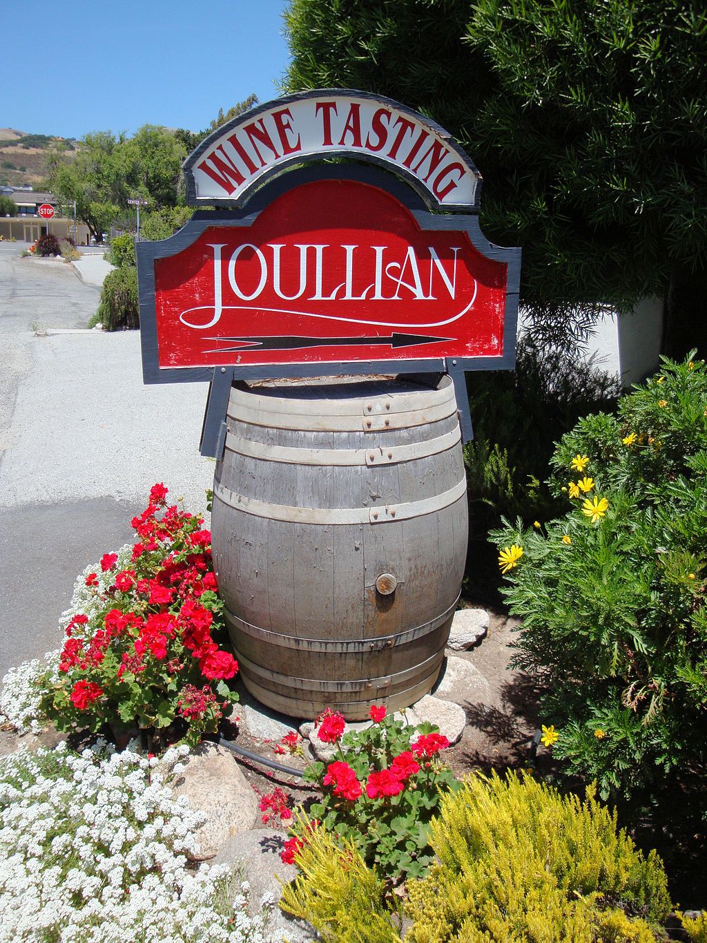 A barrel with Joullian Vineyards' name sign