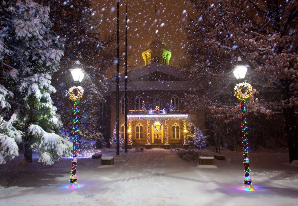 The Nevada State Capitol Building decorated with Christmas lights