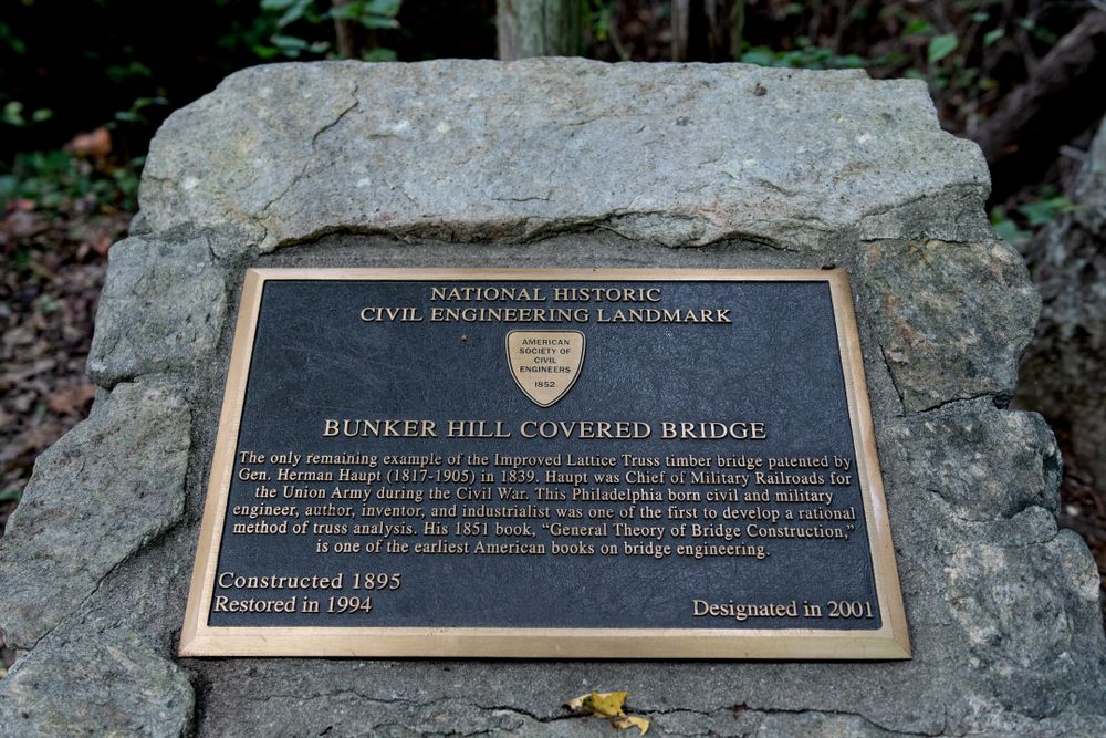 Historic plaque of Bunker Hill Covered Bridge