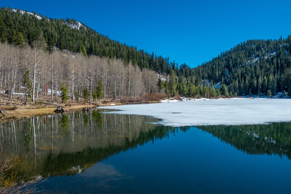 View of the partially frozen Marlette Lake
