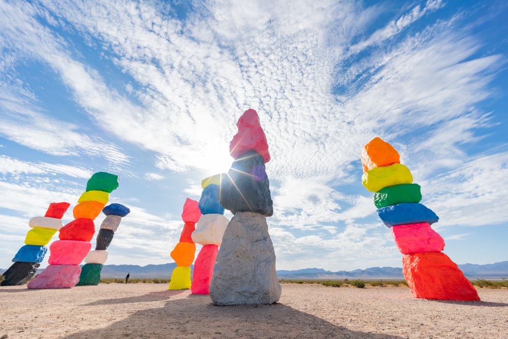 Close view of the colorful Seven Magic Mountains
