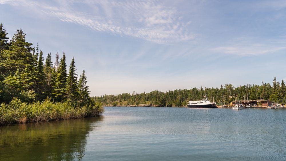 Far view of the docked Isle Royale Queen IV