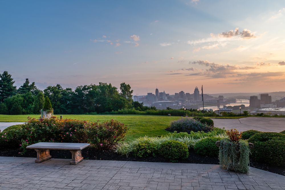 Stone bench on the grounds of Devou Park
