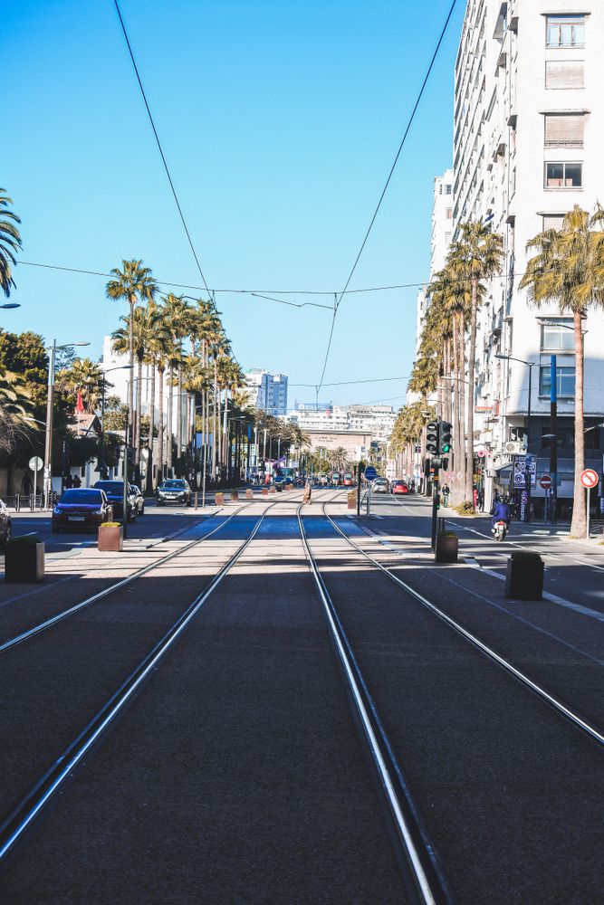 Tram lines on the road of Casablanca