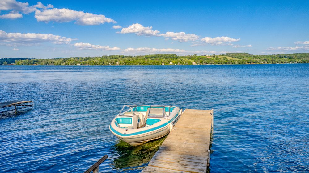 A boat docked at Keuka Lake
