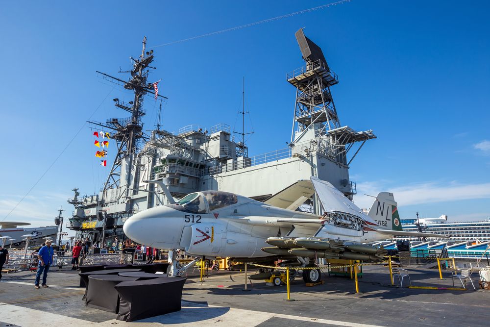 People admiring the aircrafts at USS Midway Museum