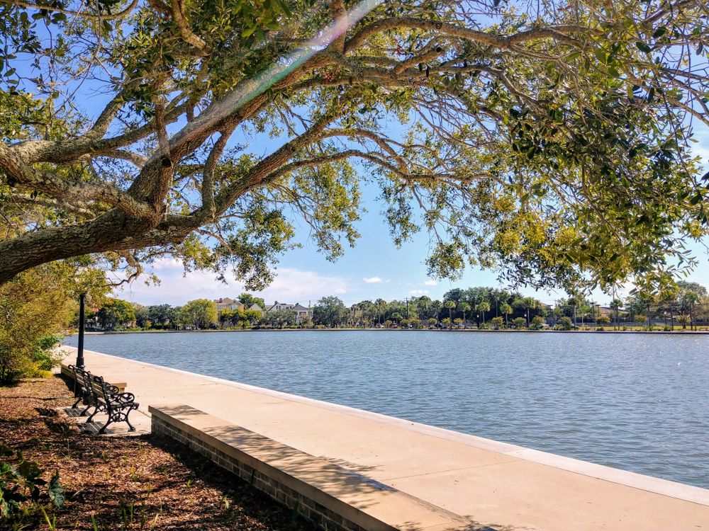 Benches overlooking the waters of the Historic Colonial Lake Park