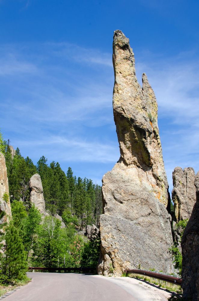 Road of Needles Highway lined with rock formations