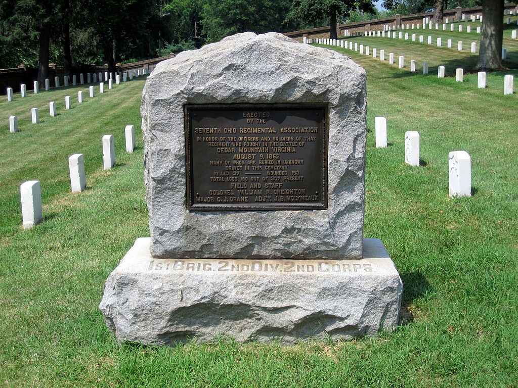 A memorial honoring the soldiers of seventh ohio at Culpeper National Cemetery.
