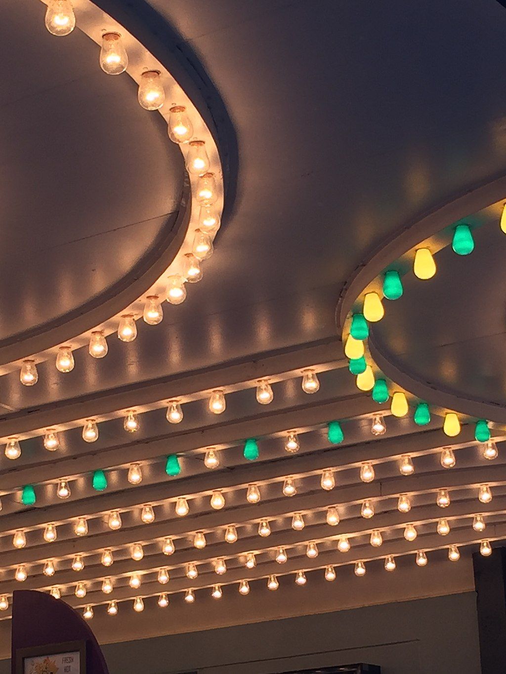 Colorful lights on Liberty Theatre's ceiling