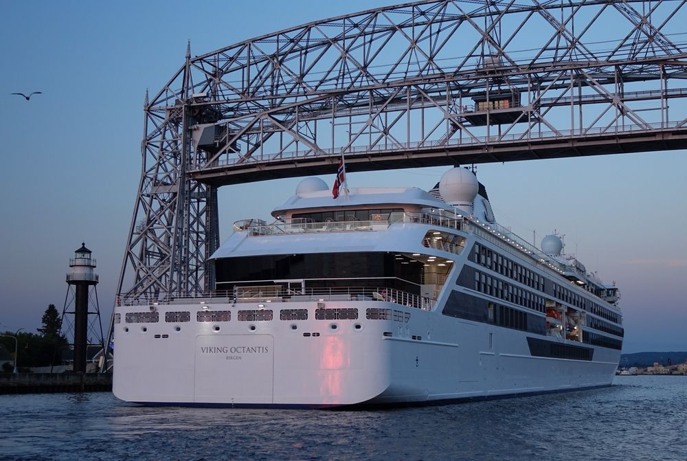 A ship passing under the Aerial Lift Bridge