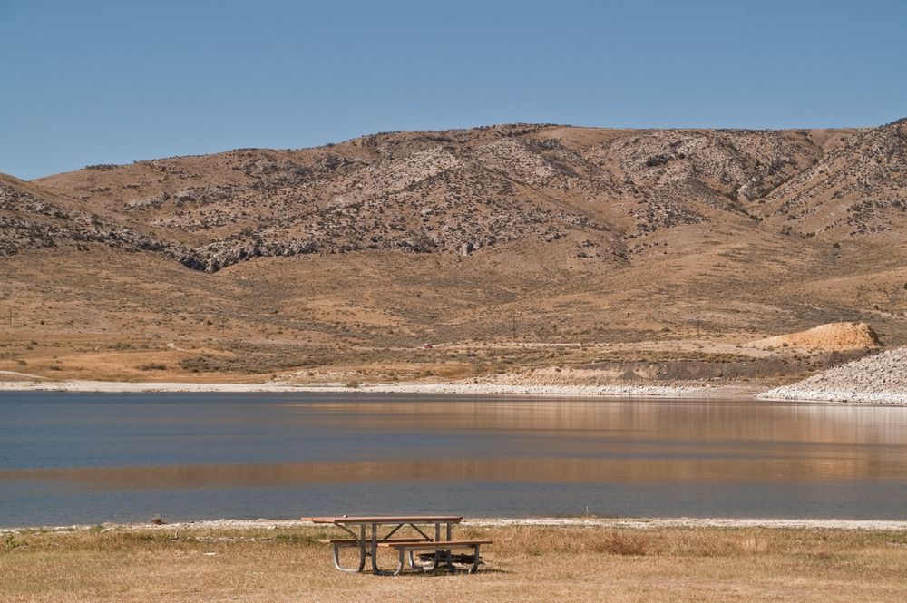 A picnic table near the Clark Canyon Reservoir