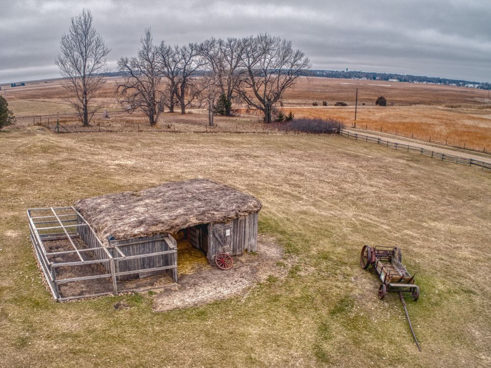 Aerial view of a wagon at Ingalls Homestead