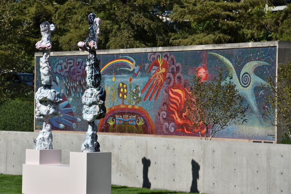 Mural and sculptures at Dallas Museum of Art