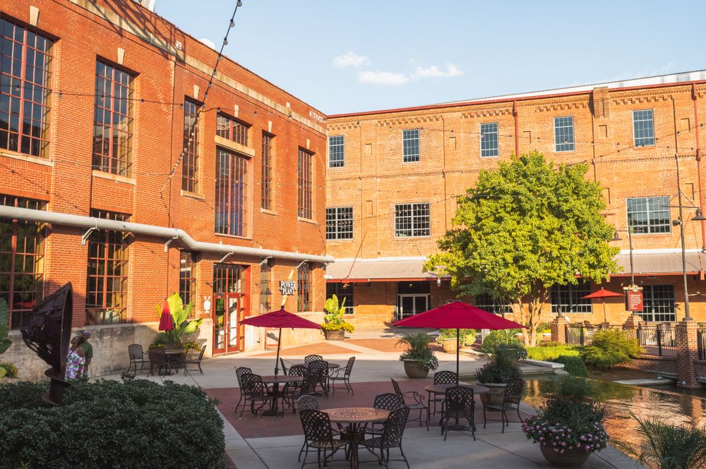 Chairs and tables on American Tobacco Campus' grounds