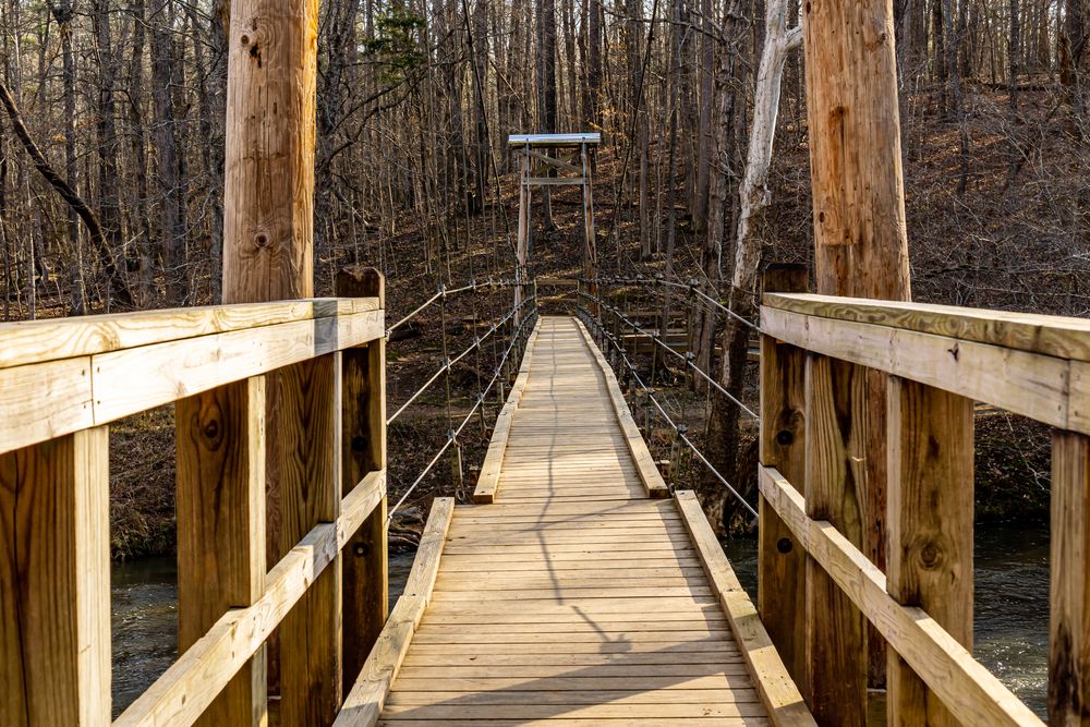 Wooden suspension bridge at Eno River State Park
