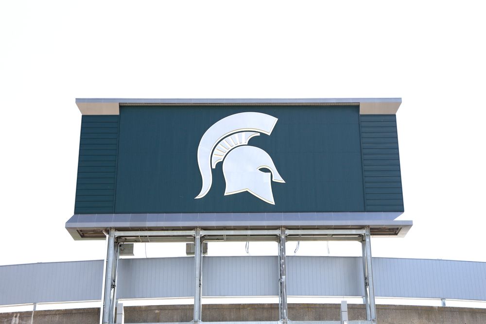 A spartan helmet board at Spartan Stadium.