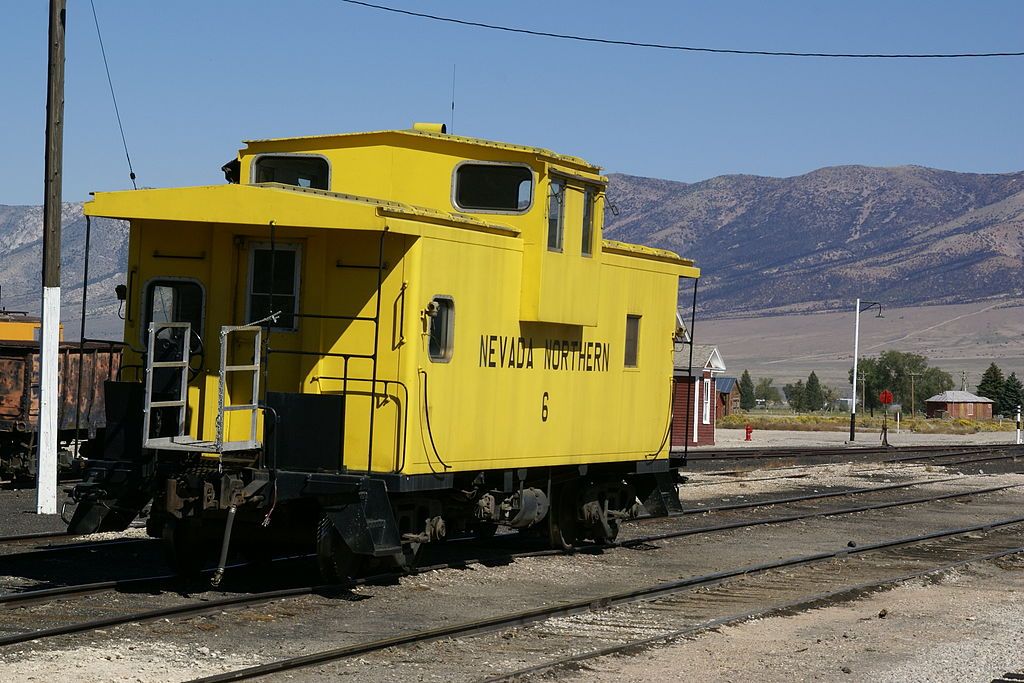 A yellow train at Nevada Northern Railway Museum.