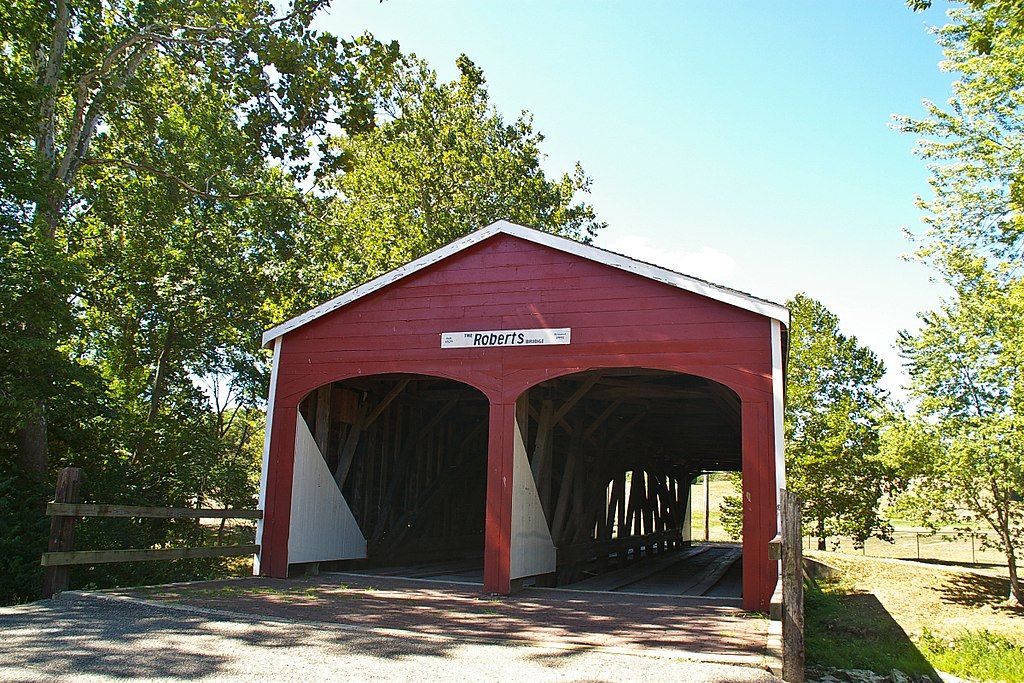 Two lane entrance and exit of the Roberts Covered Bridge
