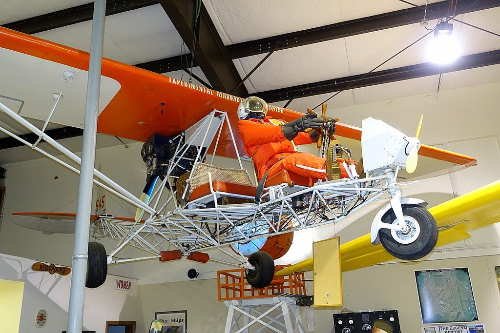 An aircraft hanging from Oregon Air and Space Museum's ceiling