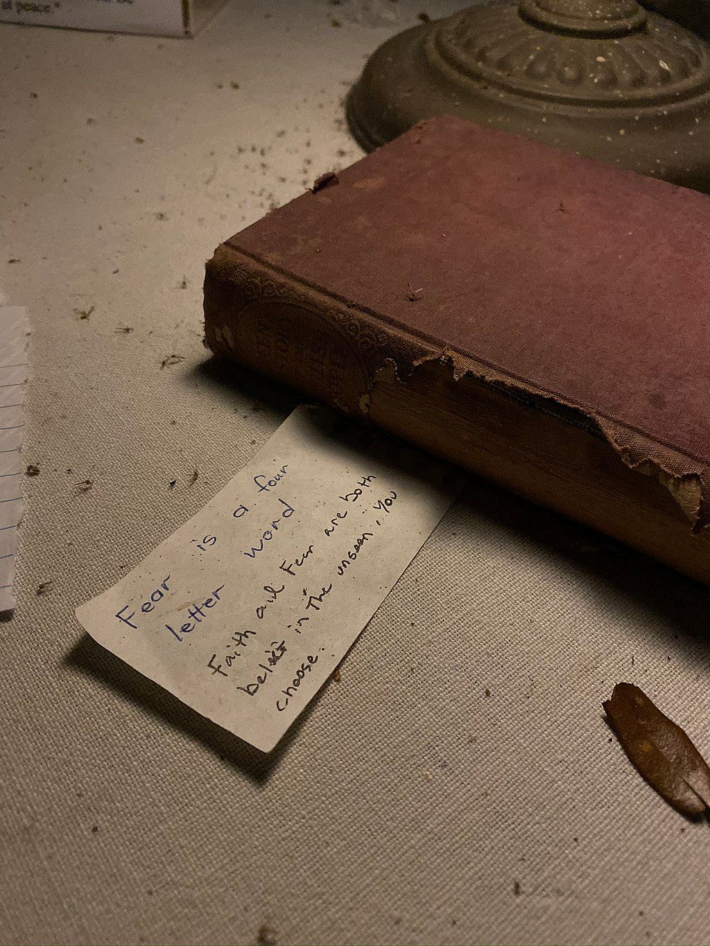 A quote on the table in Tolstoy Park's hermit hut