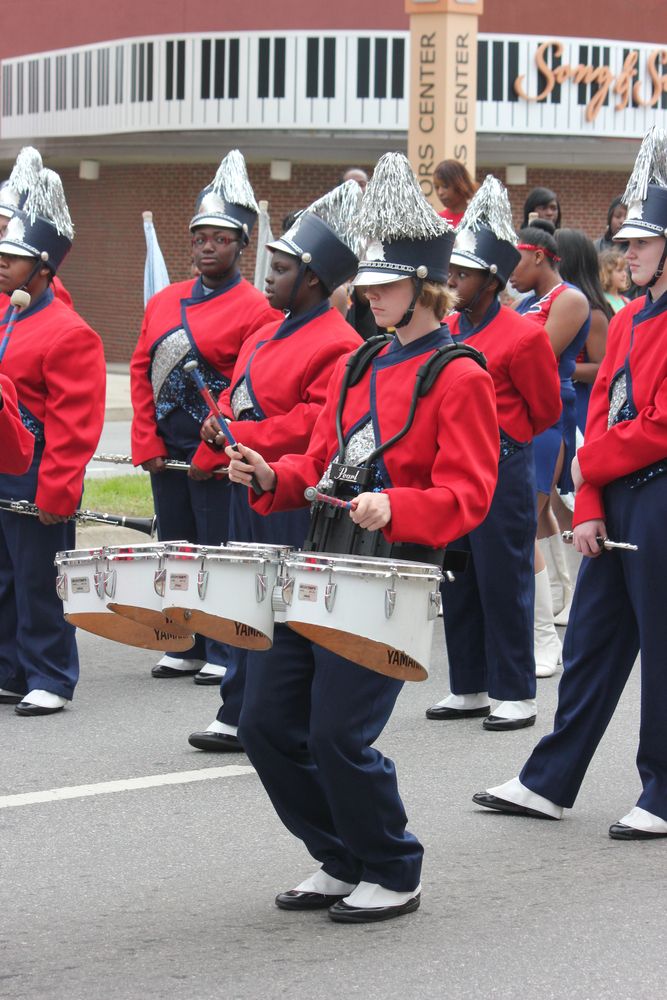 Marching band playing the drums for Macon Cherry Blossom Festival