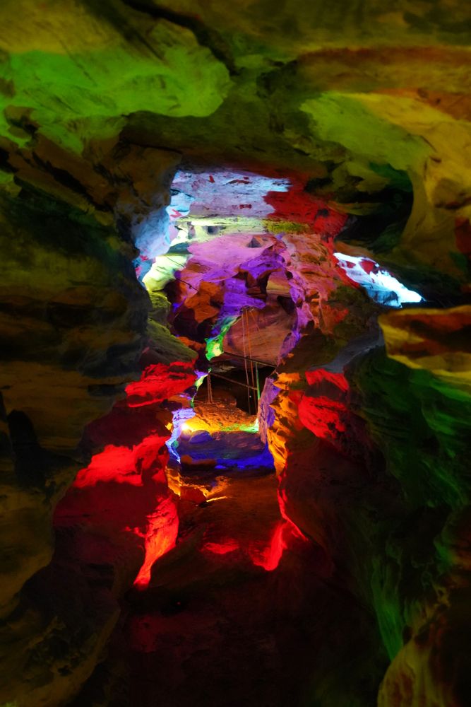 Colorful lights in Laurel Caverns