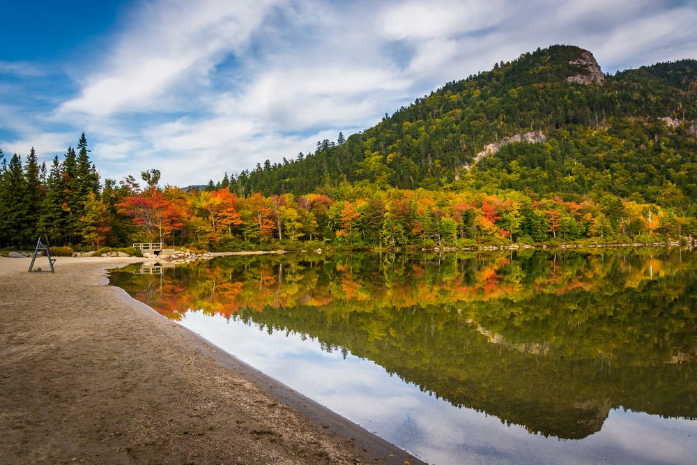Reflection of the trees on the clear waters of Echo Lake Beach.