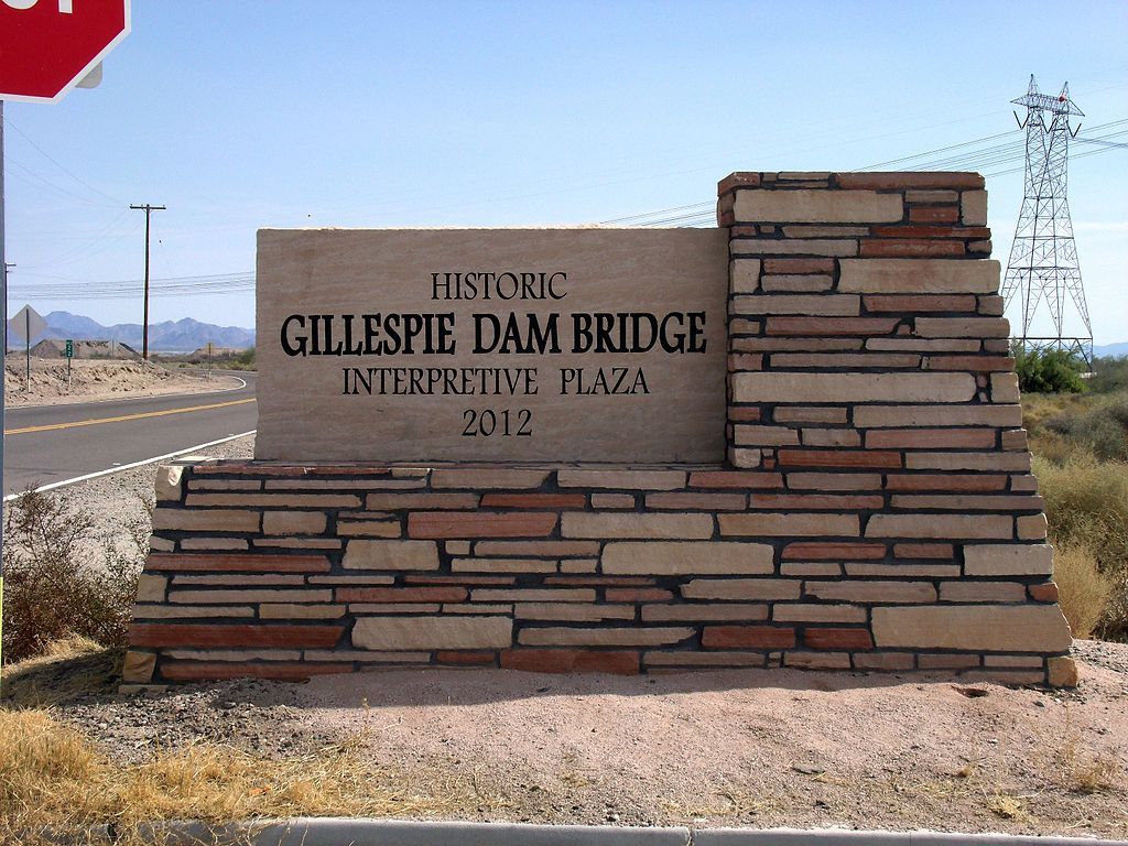 Welcome sign of Gillespie Dam Bridge