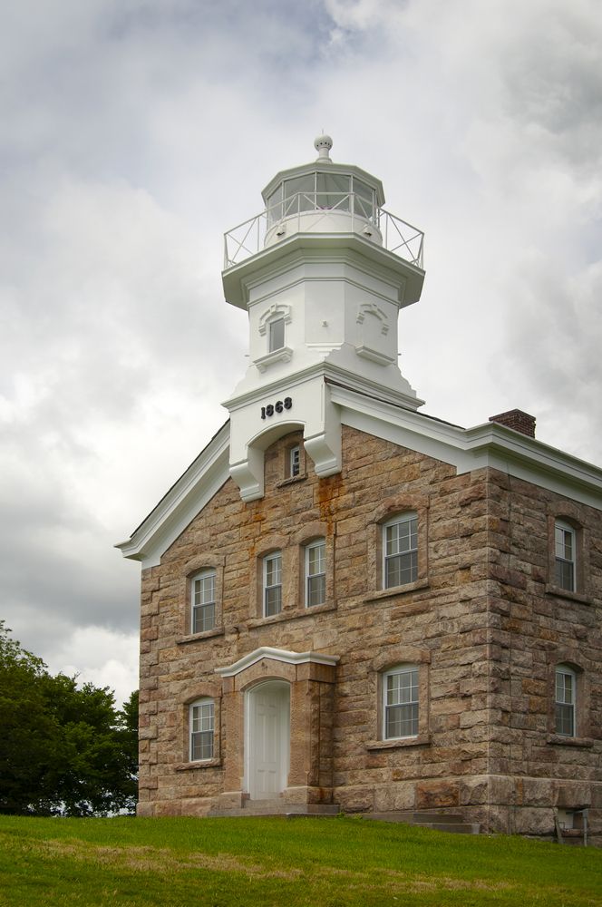 Front view of Great Captain Island lighthouse exterior