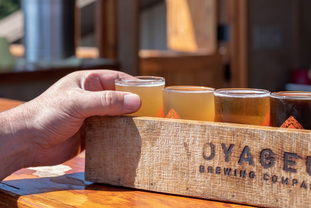 A person grabbing a Voyageur Brewing beer