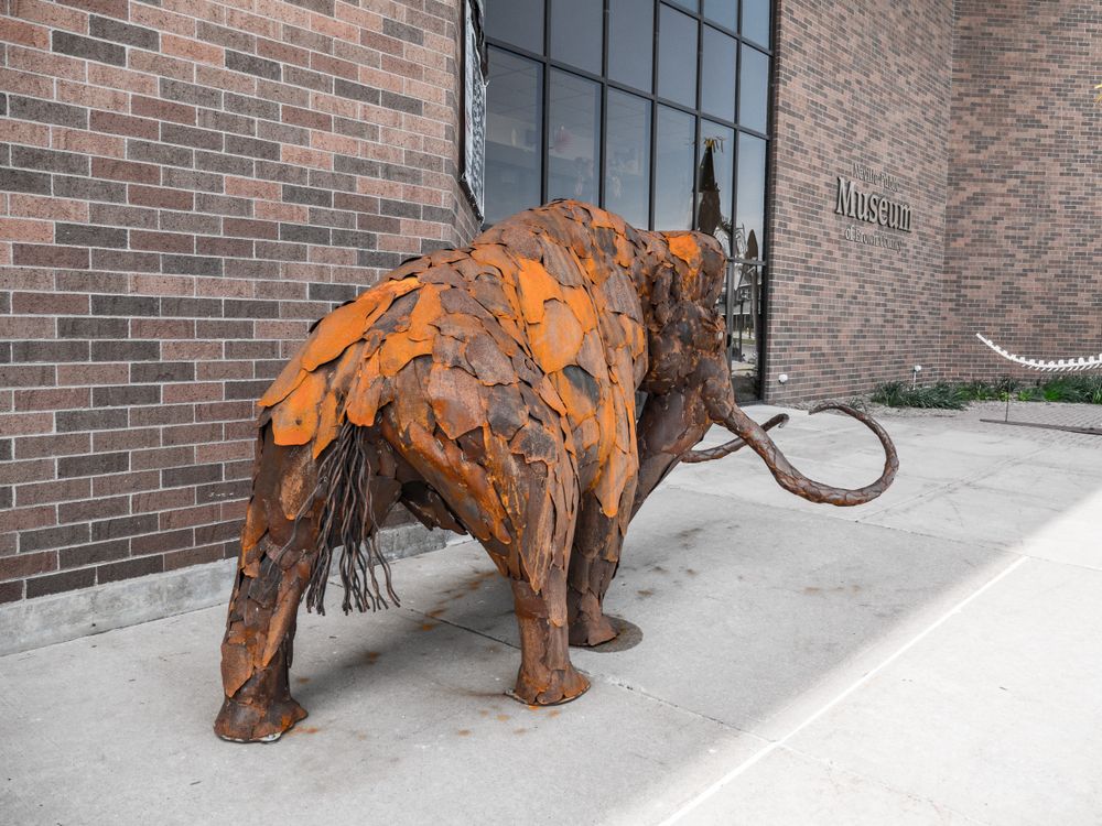 Sculpture of a wooly mammoth near the entrance of Neville Public Museum