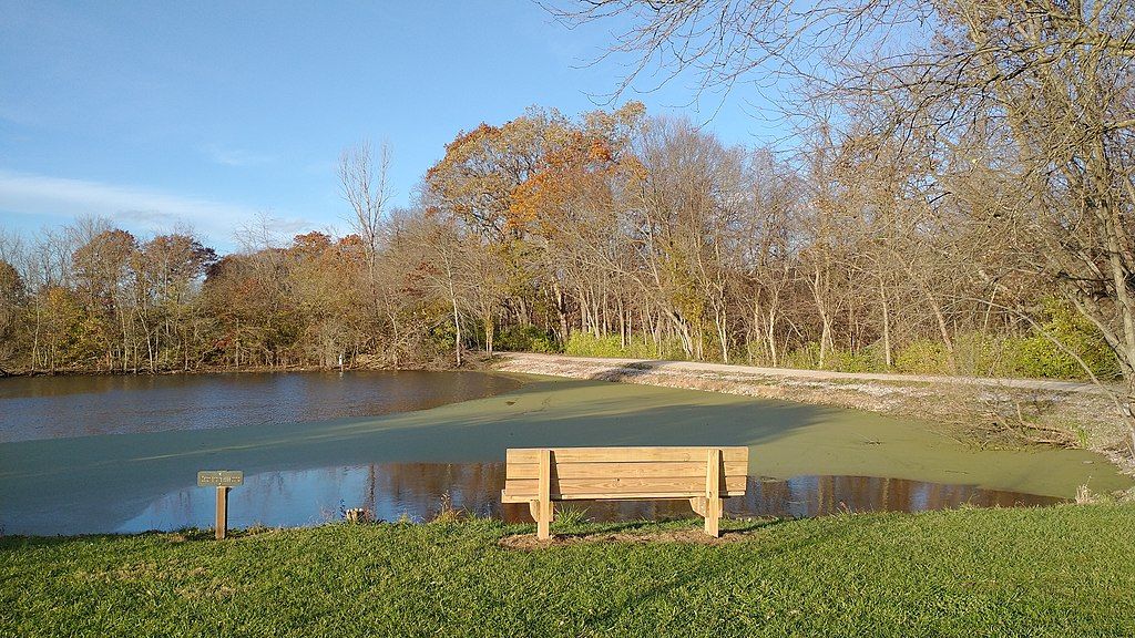 A wooden bench near the waters of Scioto Grove Metro Park