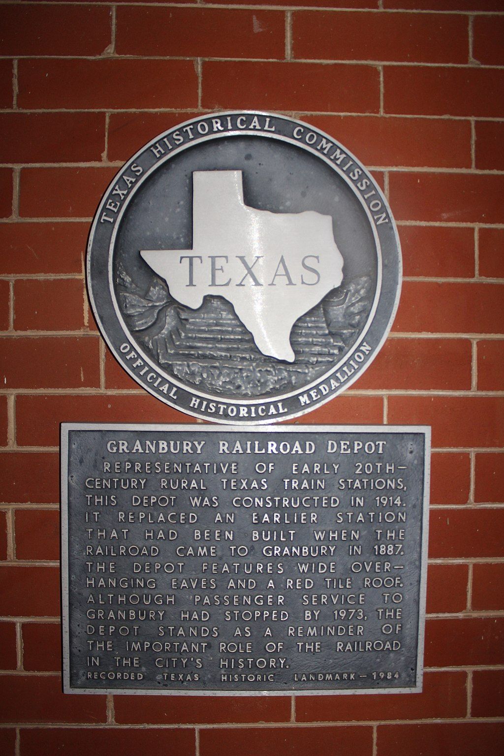 History plaque of Granbury Historic Railroad Depot