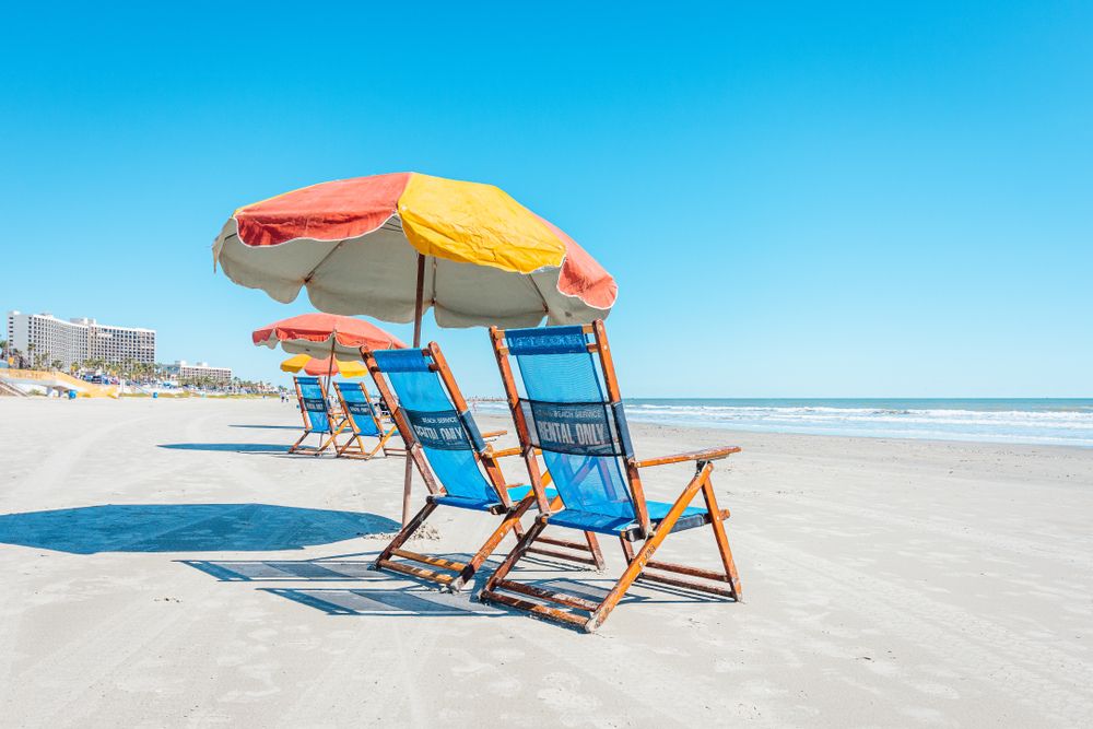 Beach chairs and umbrellas at Stewart Beach