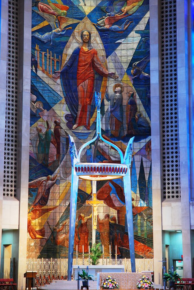 The modern mural stands behind the altar of St Joseph's Cathedral